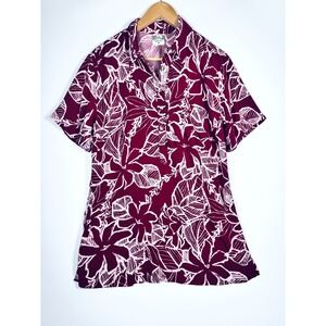 Go Barefoot Hawaiian‎ Shirt Womens Medium Red Floral Tunic Popover Made in USA